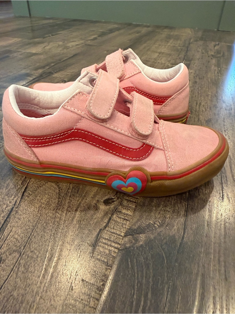 Vans Pink suede Kids Sneakers with Red Side Stripe and Rainbow Heart Sole